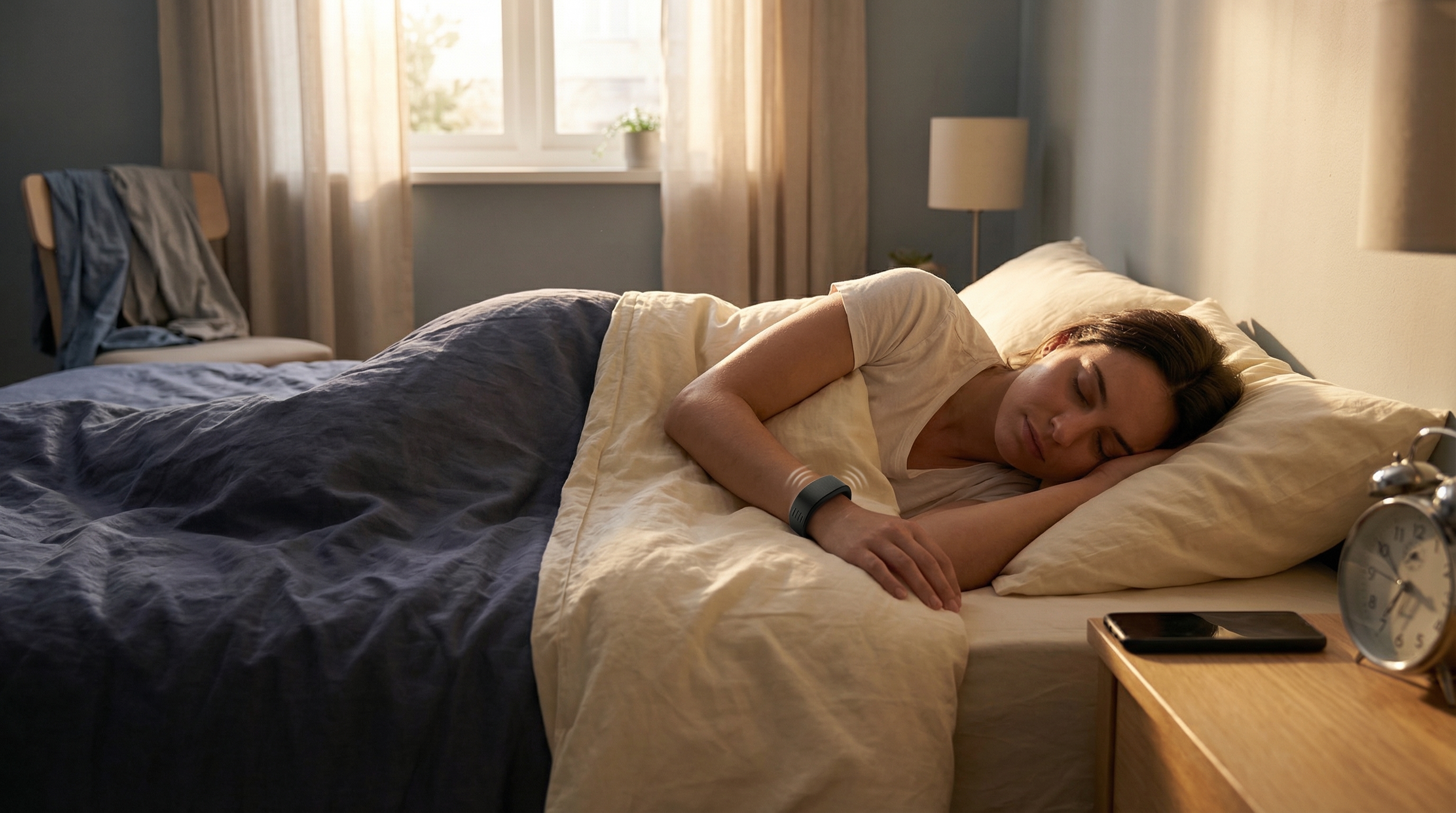 Deep sleeper in a quiet morning bedroom wearing a Dawn Band wearable alarm clock on the wrist